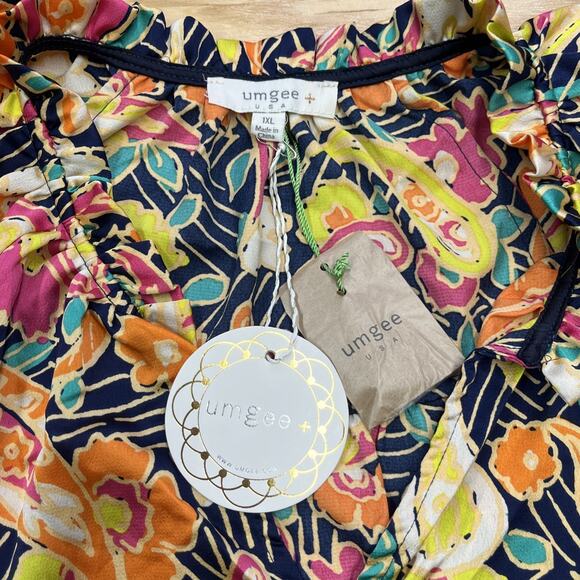 Umgee USA Multicolor Floral Satin Colorful Peasant Blouse Size 1X Relaxed Flowy - Picture 3 of 11